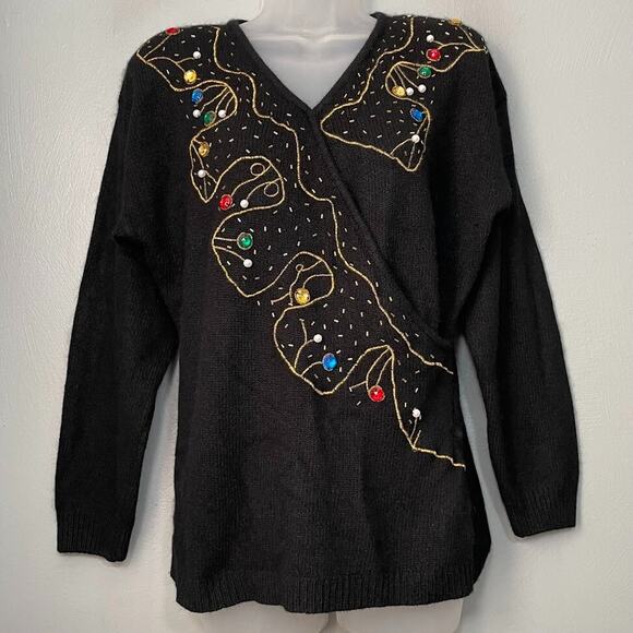 Vintage De Rotchild Size Medium Black Silk Angora Jeweled Wrap Sweater Christmas - Picture 1 of 12